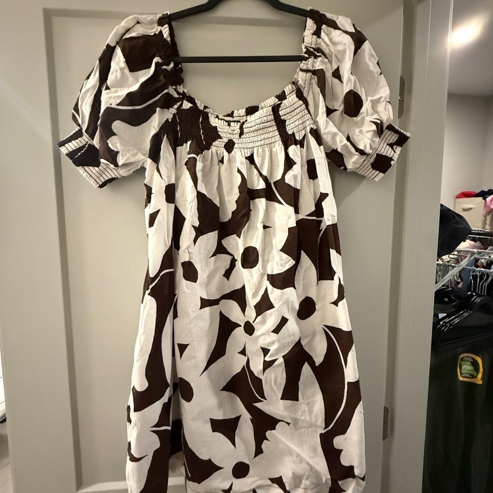 Free People Women's Brown and White Floral Puff-Sleeve Dress